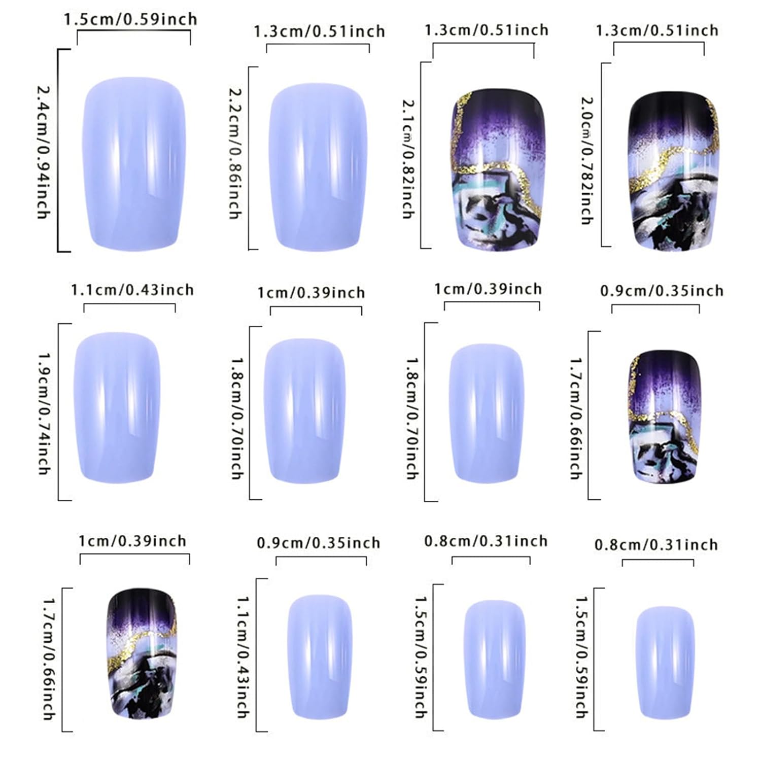 24 Pcs Medium Square Dark Purple Gradient Acrylic Press on Nails with Gold Lines - Image 6