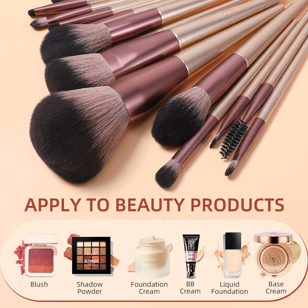 DUcare 14-Piece Rose Gold Professional Synthetic Makeup Brush Set with Bag - Image 5