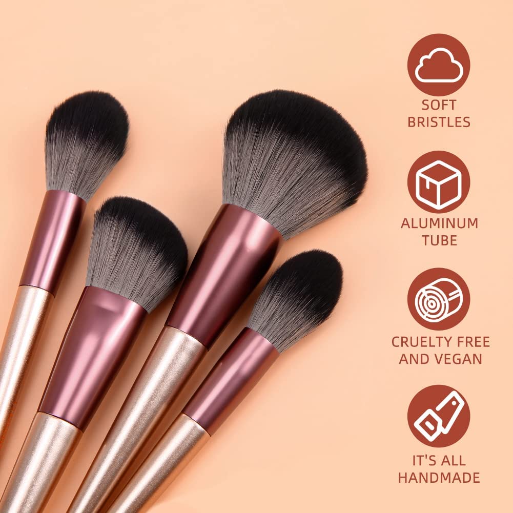 DUcare 14-Piece Rose Gold Professional Synthetic Makeup Brush Set with Bag - Image 4