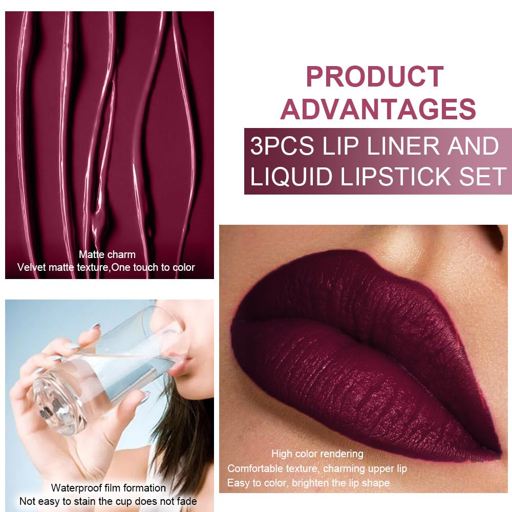 EVPCT 3-Piece Matte Lip Tint & Liner Set Waterproof 24-Hour Wear - Image 3