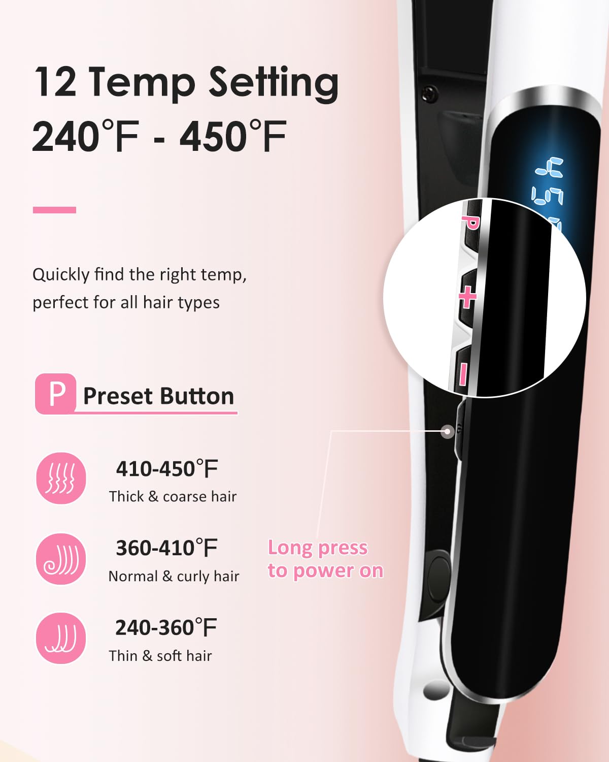 Fabuday 1 Inch Ceramic Hair Straightener for Women, 12 Adjustable Temps, LED Display - Image 6