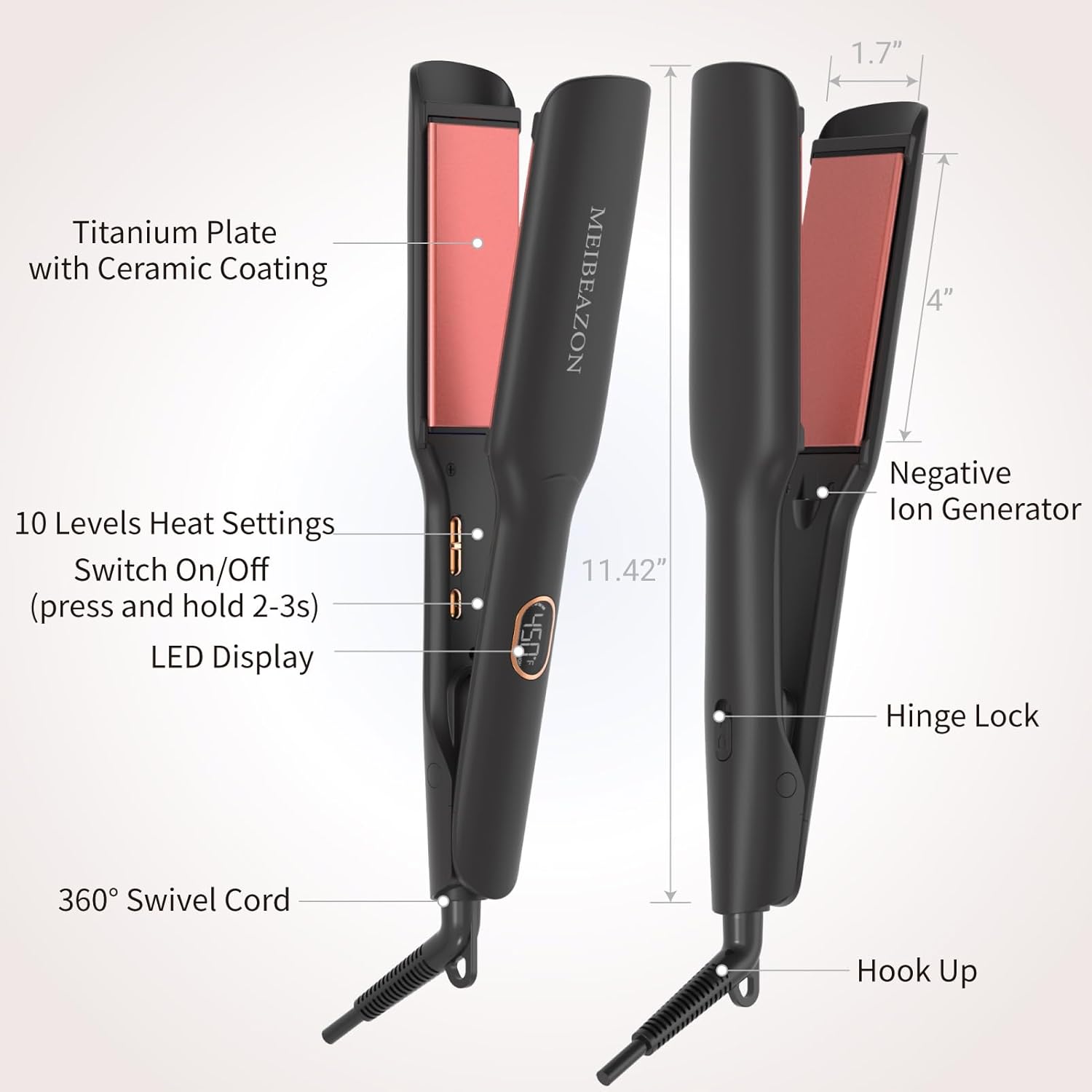 Extra Wide 1.7" Ceramic Flat Iron Hair Straightener with Digital Temperature Control - Image 6