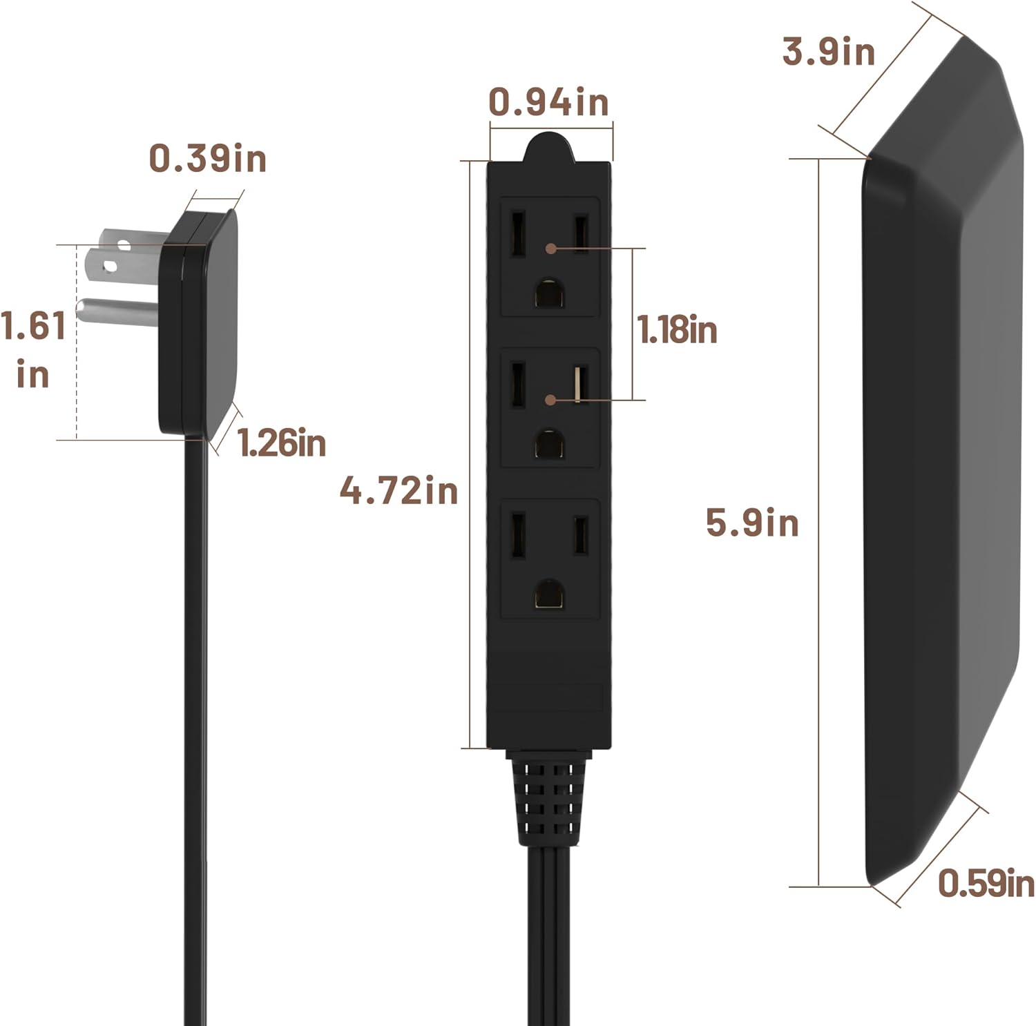 Flat Plug Extension Cord 3FT with Ultra Thin Outlet Concealer and 3 Outlet Power Strip in Black - Image 7