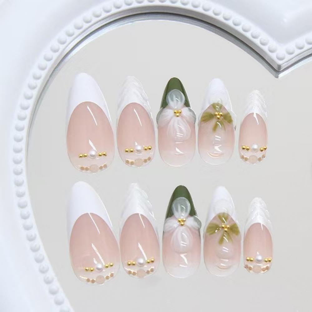 Green Medium Almond Pearl French Tip Flower Press on Nails 24 Pcs Women - Image 4