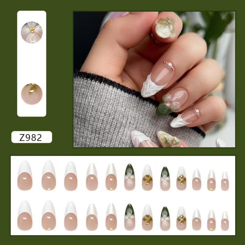 Green Medium Almond Pearl French Tip Flower Press on Nails 24 Pcs Women - Image 2