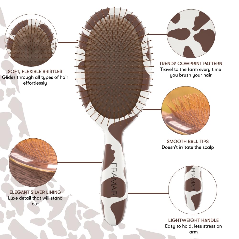 FRAMAR Cow Print Detangling Hair Brush for Women Girls Reduces Frizz - Image 2