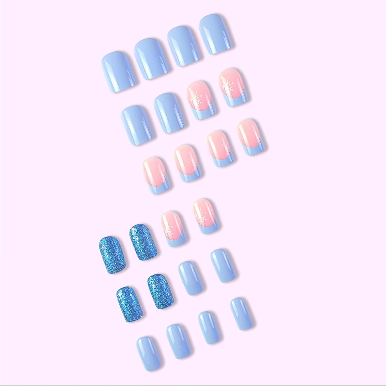 Short Square Blue Snowflake French Tip Press on Nails 24 Pcs Acrylic Kit - Image 4
