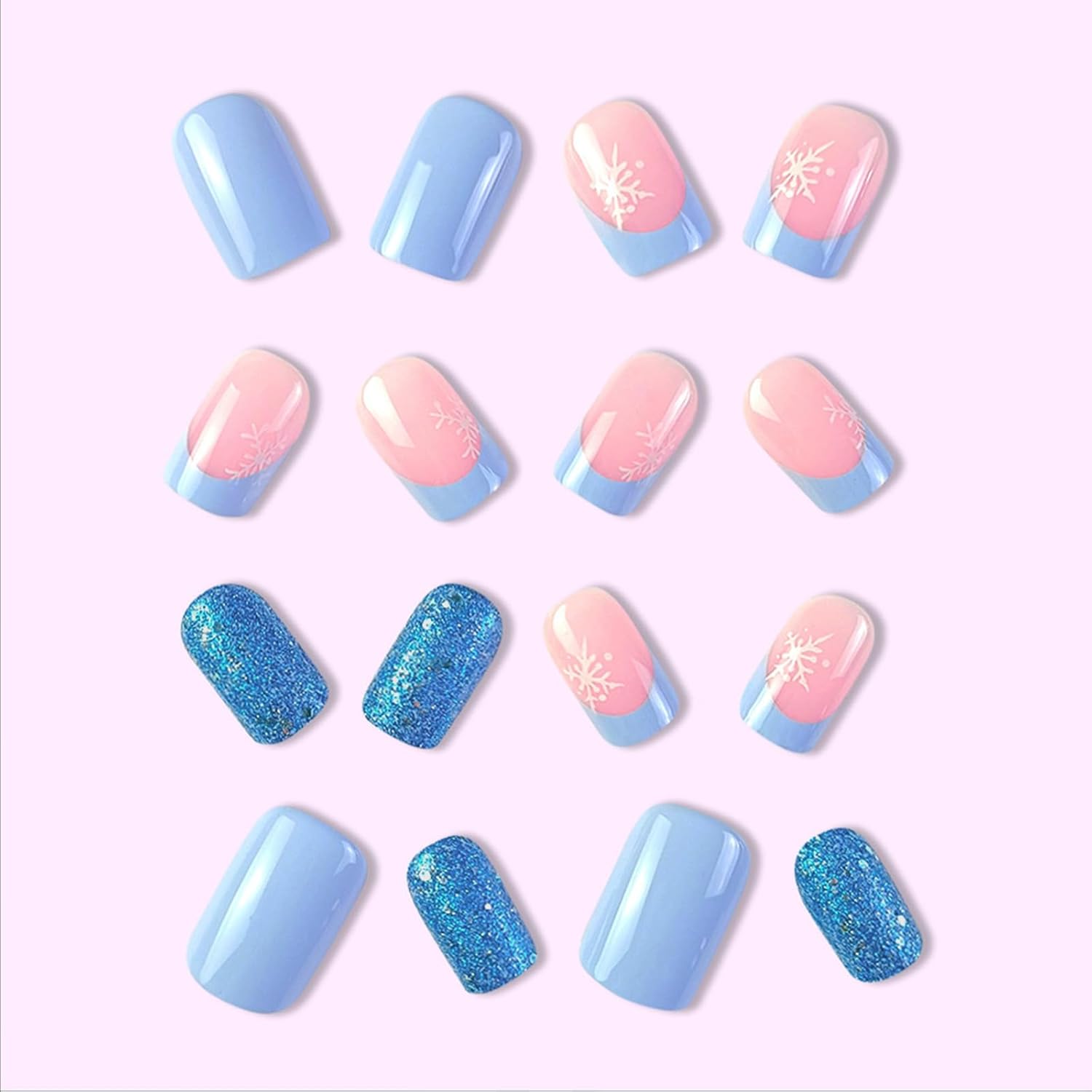 Short Square Blue Snowflake French Tip Press on Nails 24 Pcs Acrylic Kit - Image 5