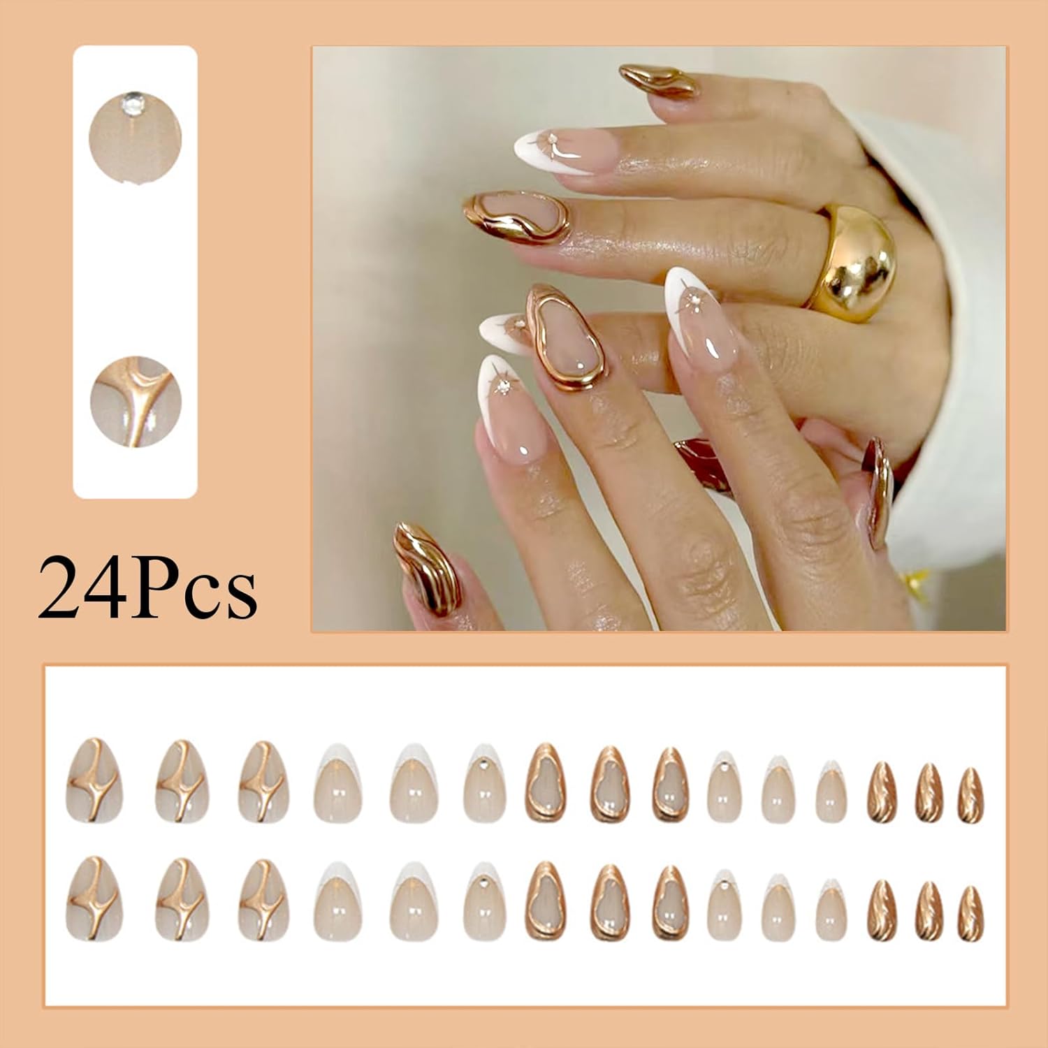 24 Pcs French Tip Press On Nails with Star Rhinestones Design Full Cover Acrylic Nails - Image 2