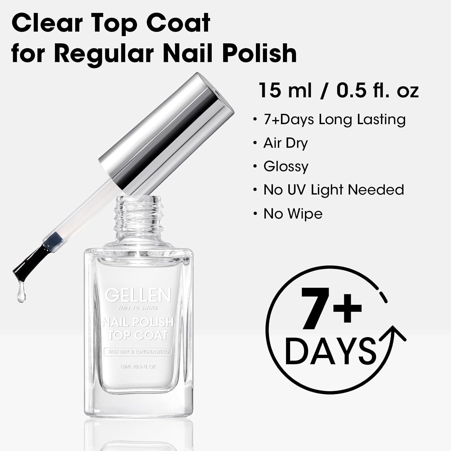 GELLEN 15ml Clear Nail Polish Top Coat, Quick Dry No Wipe, Long Lasting Non-Toxic - Image 2