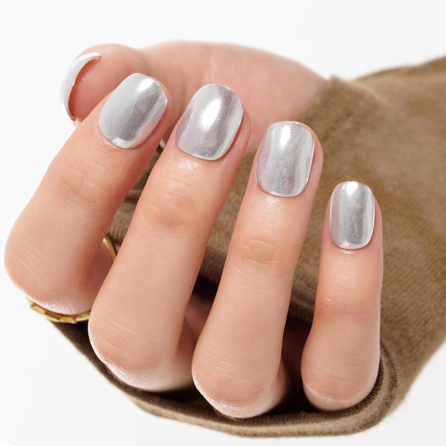 GLAMERMAID 24Pcs Handmade Extra Short Squoval Silver Chrome Gel Press On Nails Set - Image 5
