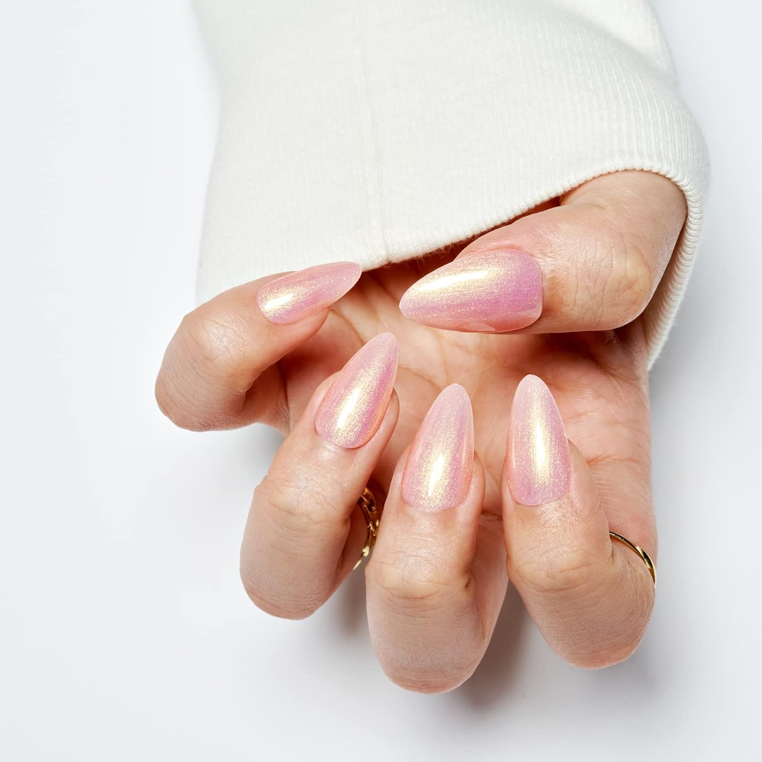 GLAMERMAID Medium Almond Glossy Gel Press on Nails Nude Pink Golden Glitter - Image 6