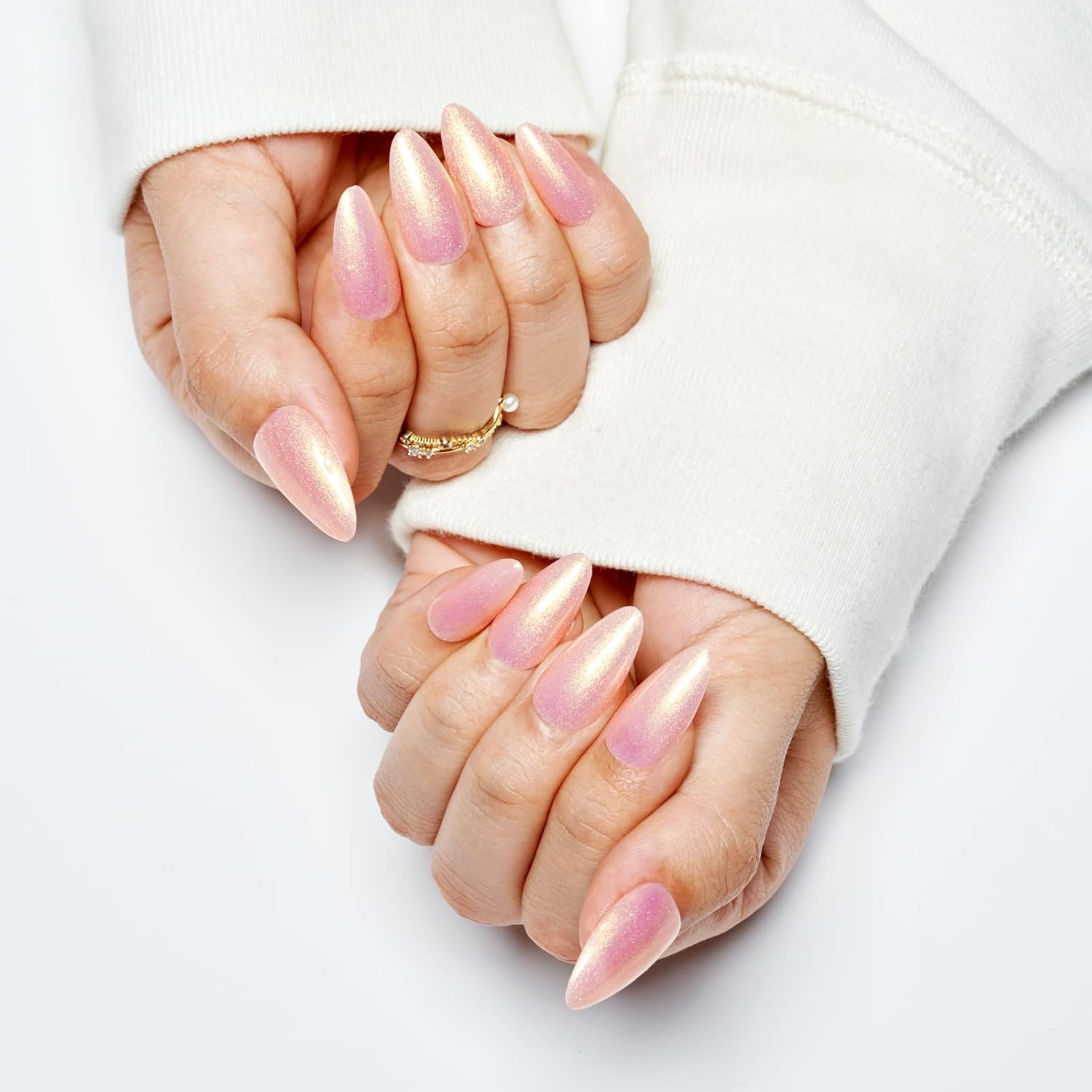 GLAMERMAID Medium Almond Glossy Gel Press on Nails Nude Pink Golden Glitter - Image 5