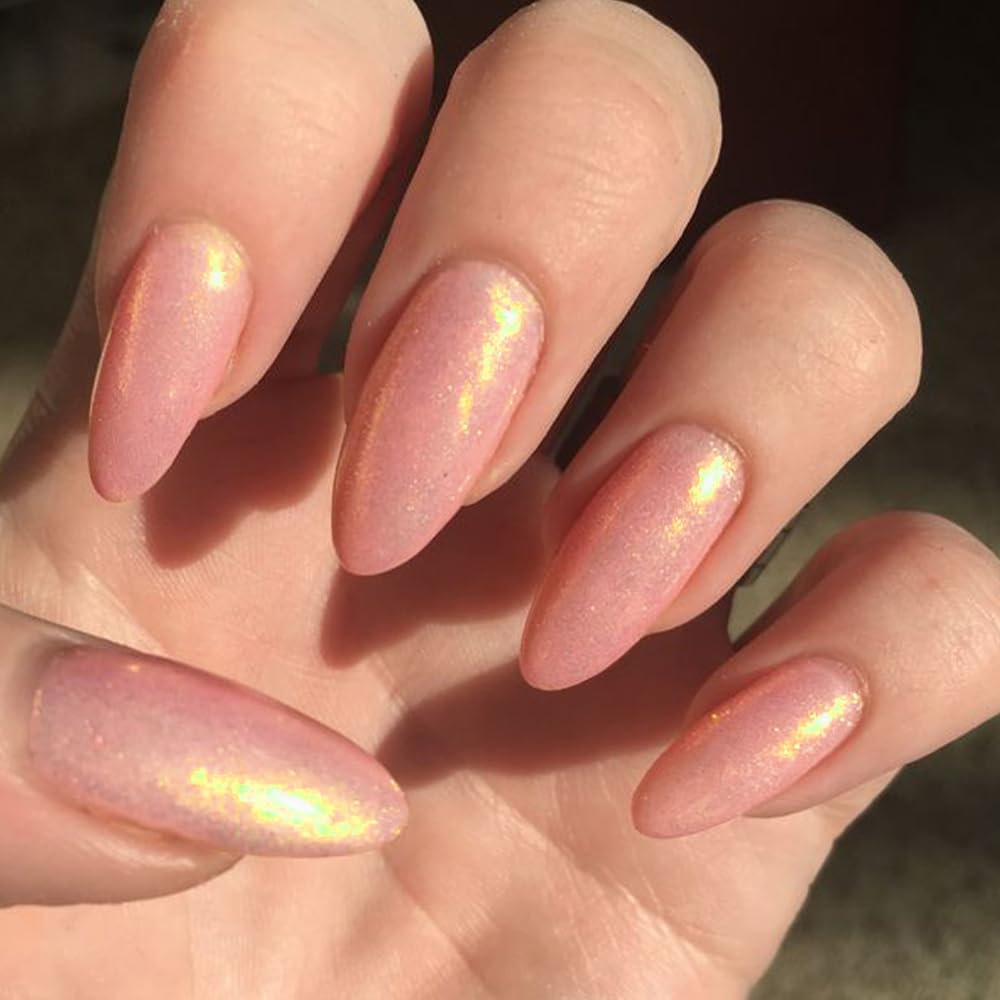 GLAMERMAID Medium Almond Glossy Gel Press on Nails Nude Pink Golden Glitter - Image 2