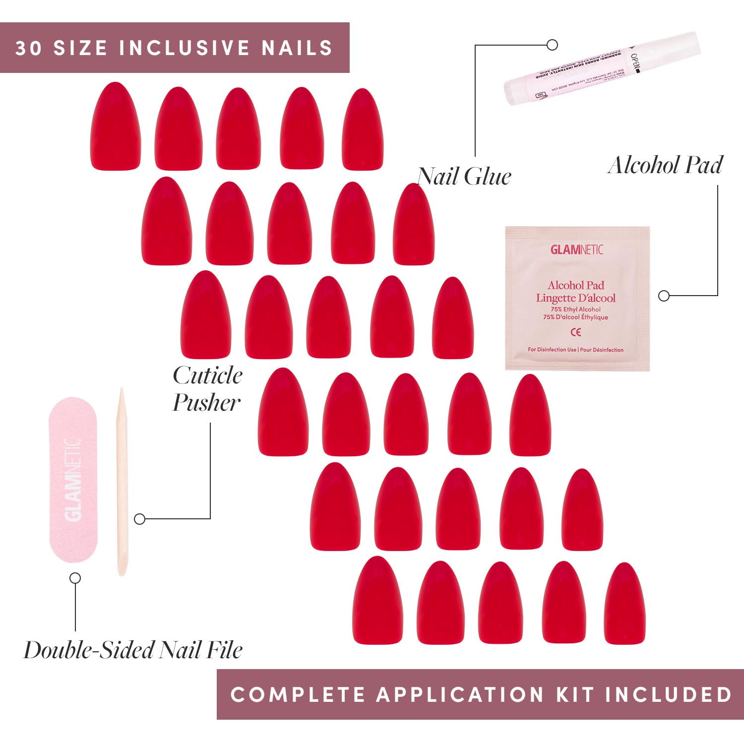 Glamnetic Fiery Red Opaque Short Almond Press On Nails - 30 Kit, 15 Sizes - Image 4