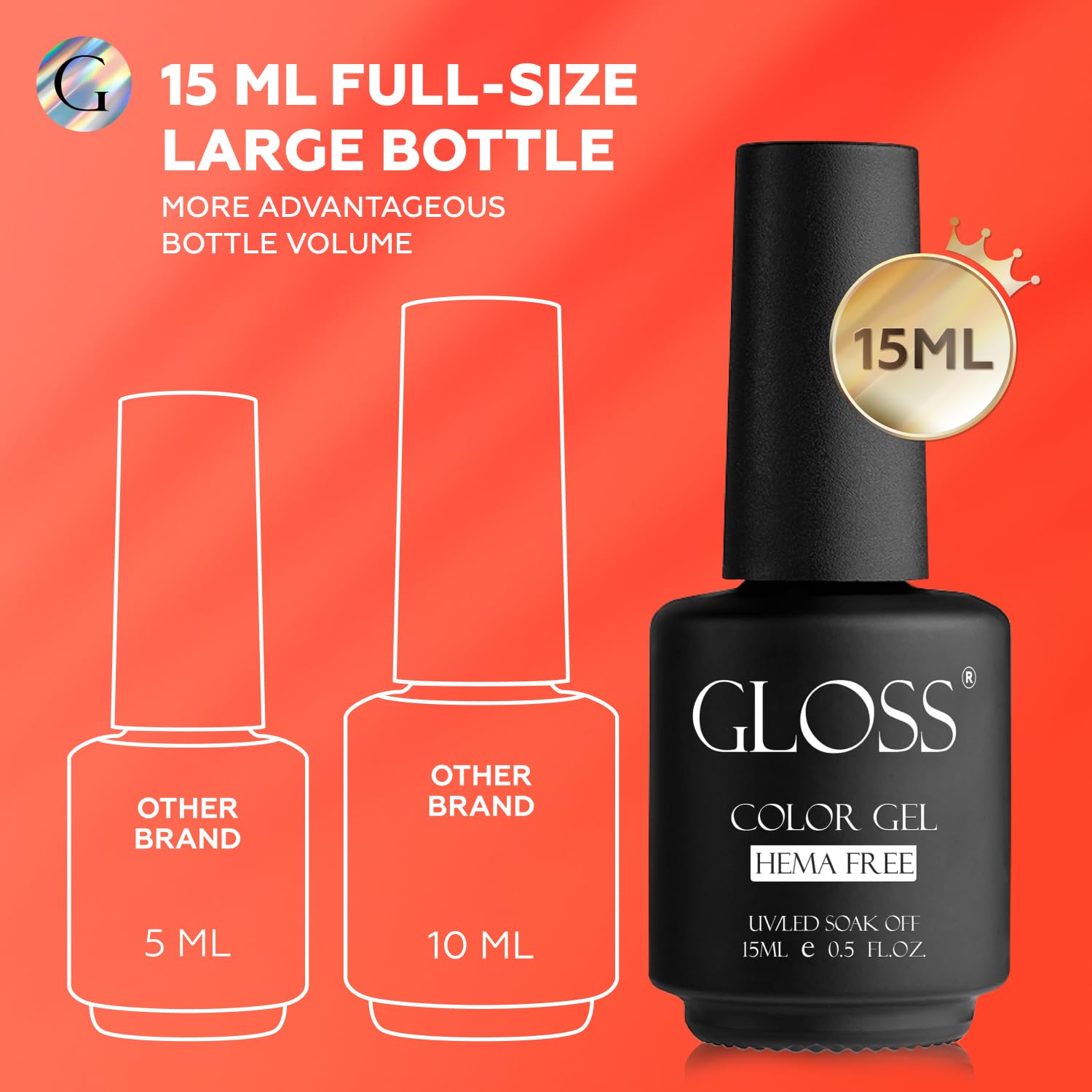 GLOSS Neon Coral 15ml HEMA-Free Gel Nail Polish for UV LED Curing - Image 6