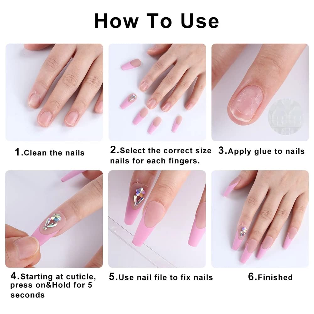 Gold French Tip Press On Nails with Rhinestones Butterfly Design 24 Pcs Long Square - Image 6