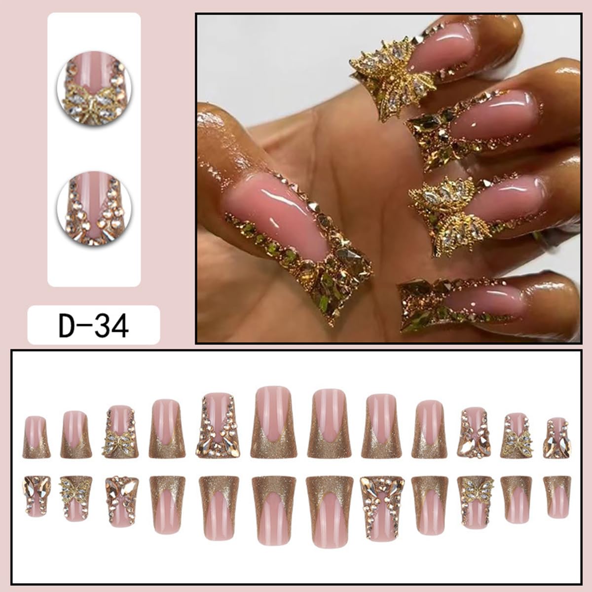 Gold French Tip Press On Nails with Rhinestones Butterfly Design 24 Pcs Long Square - Image 3