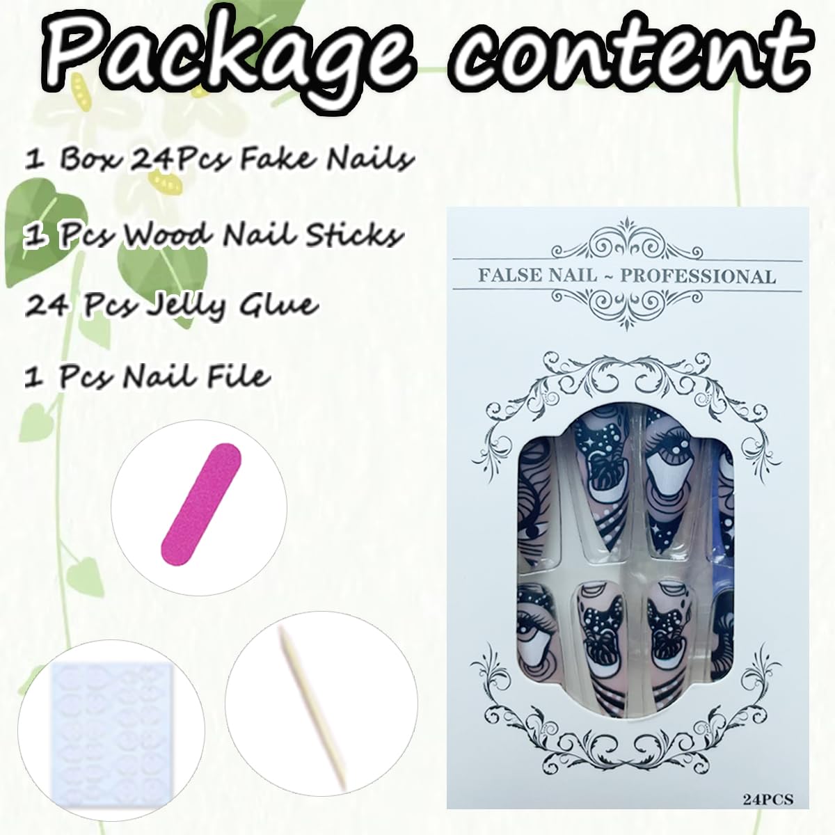 Gothic Long Almond Press on Nails with Black Eye Design, 24 Pcs Full Cover Acrylic Nails - Image 6