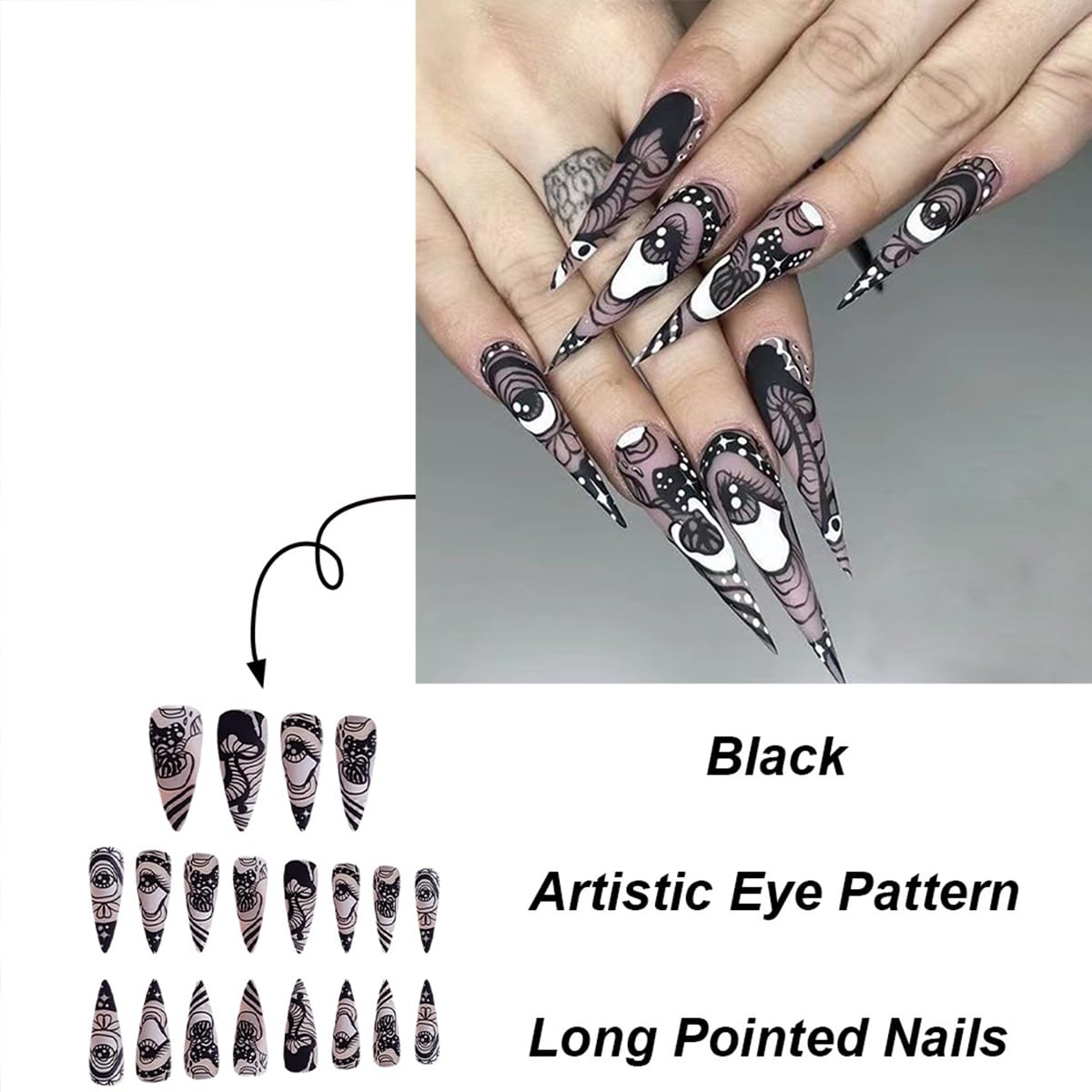 Gothic Long Almond Press on Nails with Black Eye Design, 24 Pcs Full Cover Acrylic Nails - Image 5