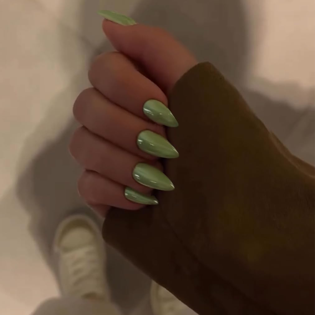 Green Glazed Almond Press-On Nails Medium Length Grass Green Chrome Acrylic - Image 4