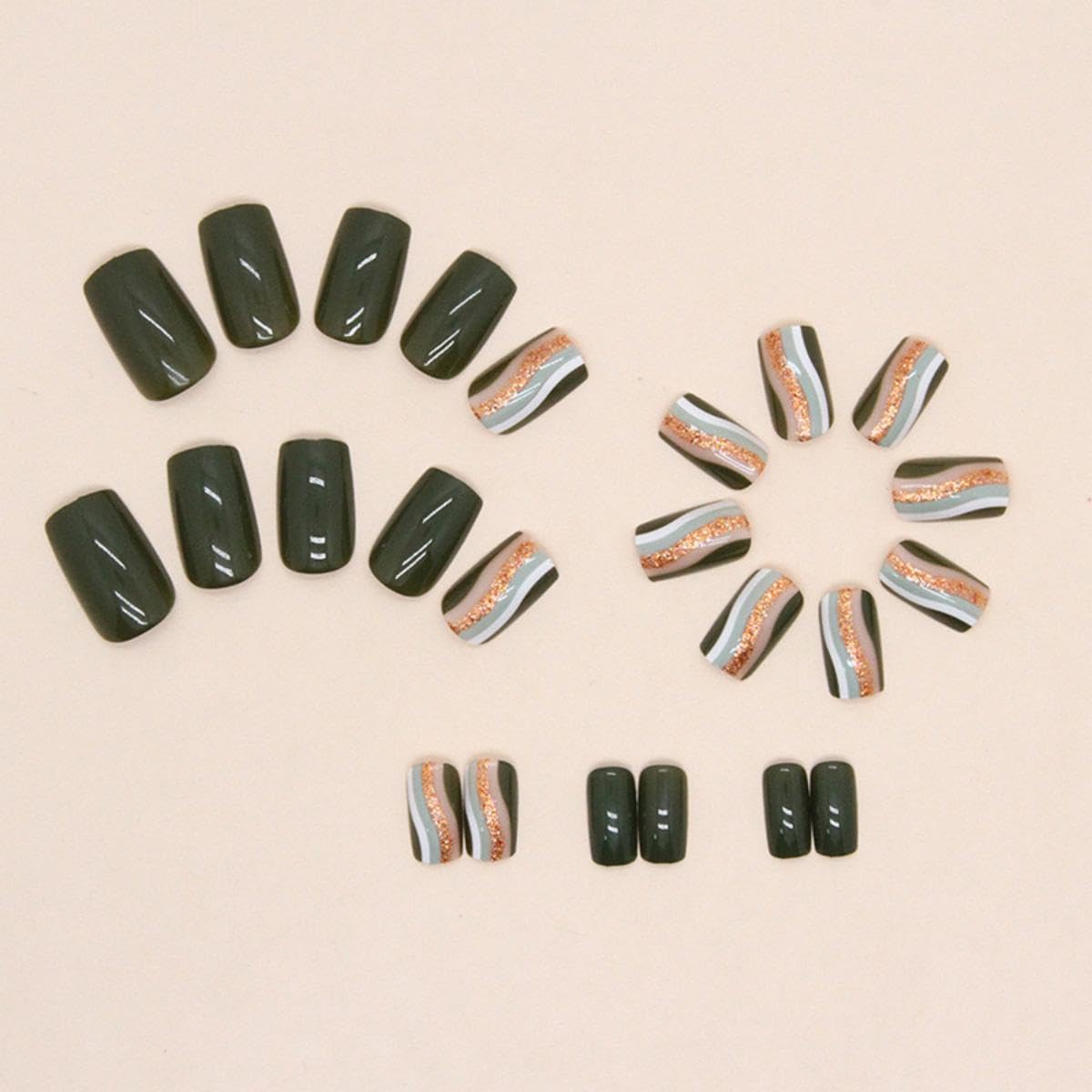Green Short Square Press-On Nails 24pc Pack Gold Glitter Line Design Daily Wear - Image 4
