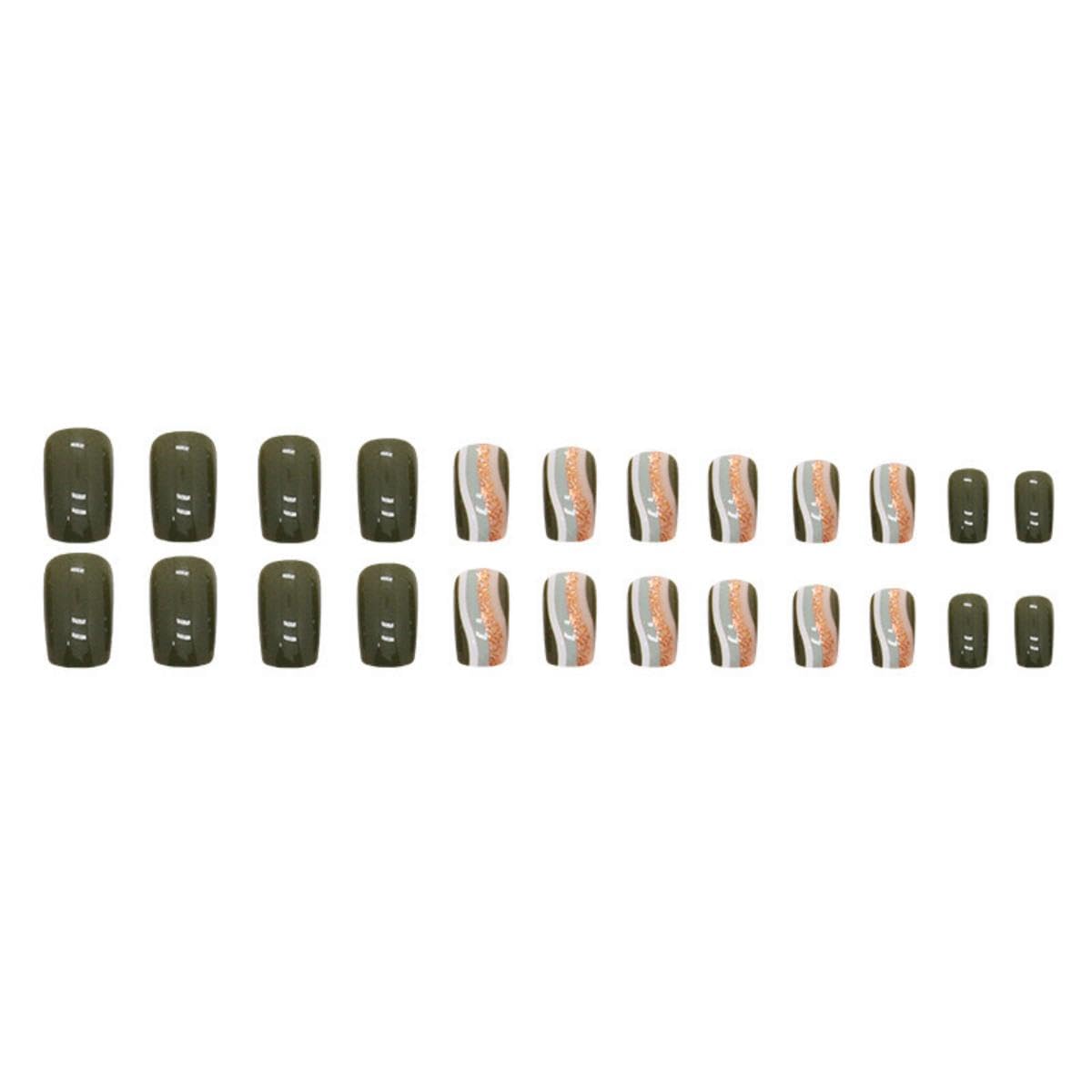 Green Short Square Press-On Nails 24pc Pack Gold Glitter Line Design Daily Wear - Image 8