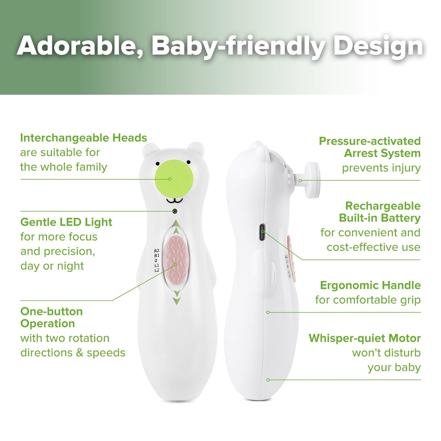 Haakaa Rechargeable Electric Baby Nail File with LED Light and 3 Replacement Heads, New - Image 4