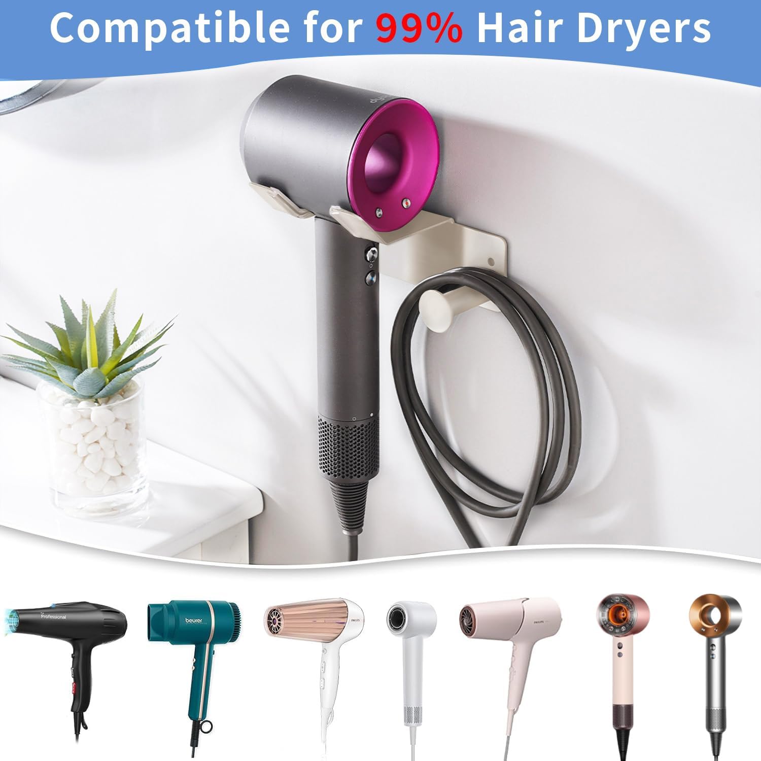 Hair Dryer Holder Stainless Steel, Blow Dryer Holder Self Adhesive, Hair Dryer Holder Wall Mounted Compatible with Dyson, Hairdryer Holder for Bathroom White PTALSEAW - Image 2