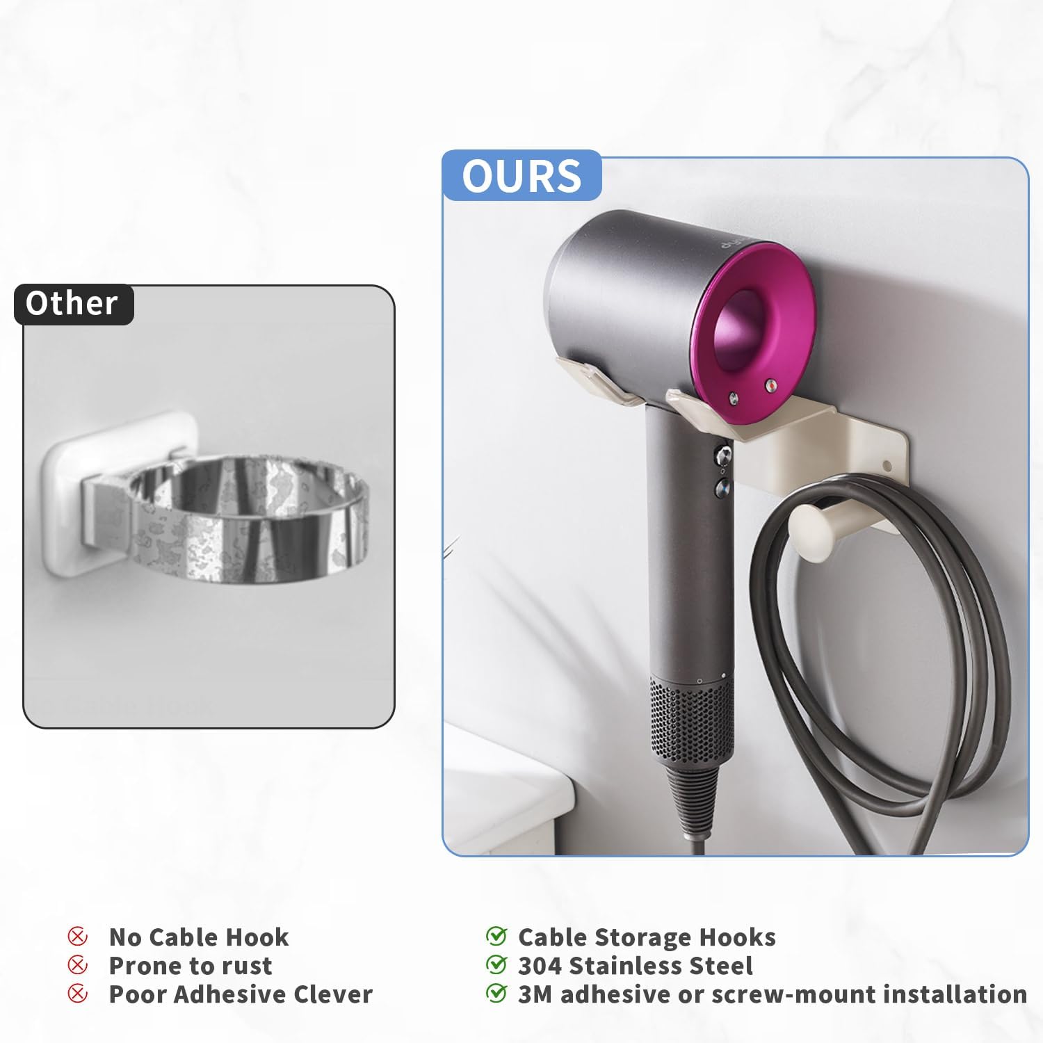 Hair Dryer Holder Stainless Steel, Blow Dryer Holder Self Adhesive, Hair Dryer Holder Wall Mounted Compatible with Dyson, Hairdryer Holder for Bathroom White PTALSEAW - Image 6