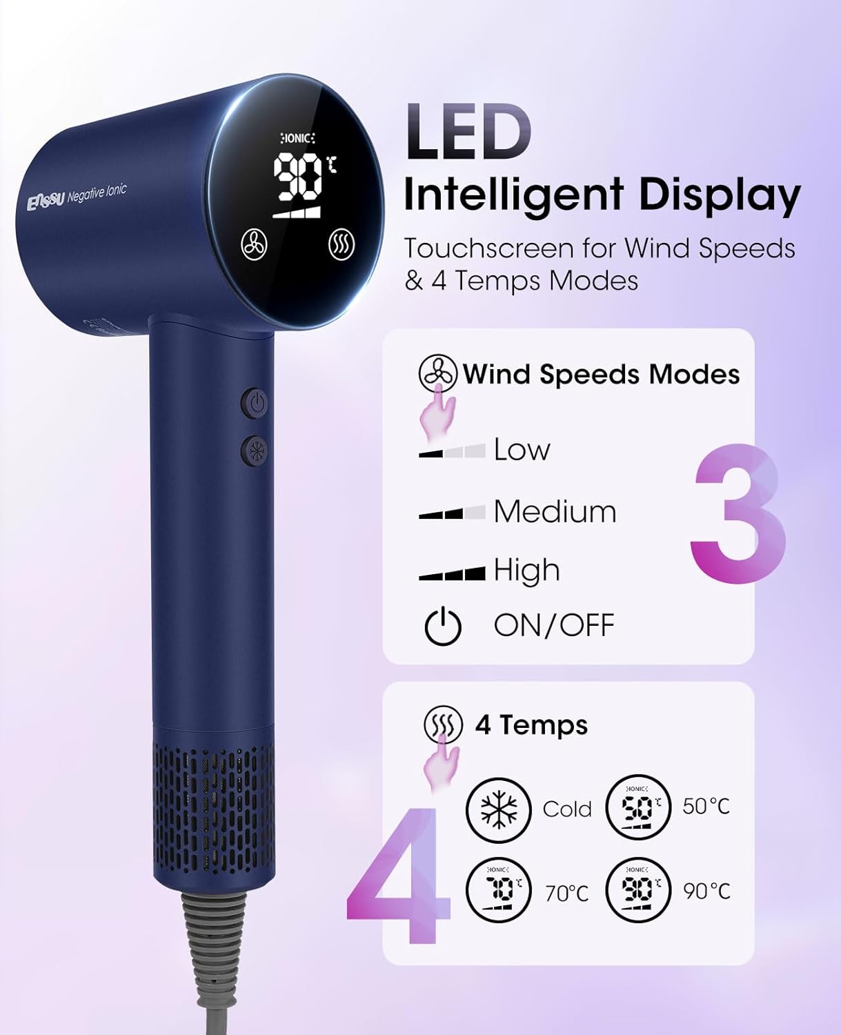 Hair Dryer with 110000 RPM Brushless Motor, HD Digital Display, Low Noise, Compact for Travel and Salon Use, Purple Blue - Image 3