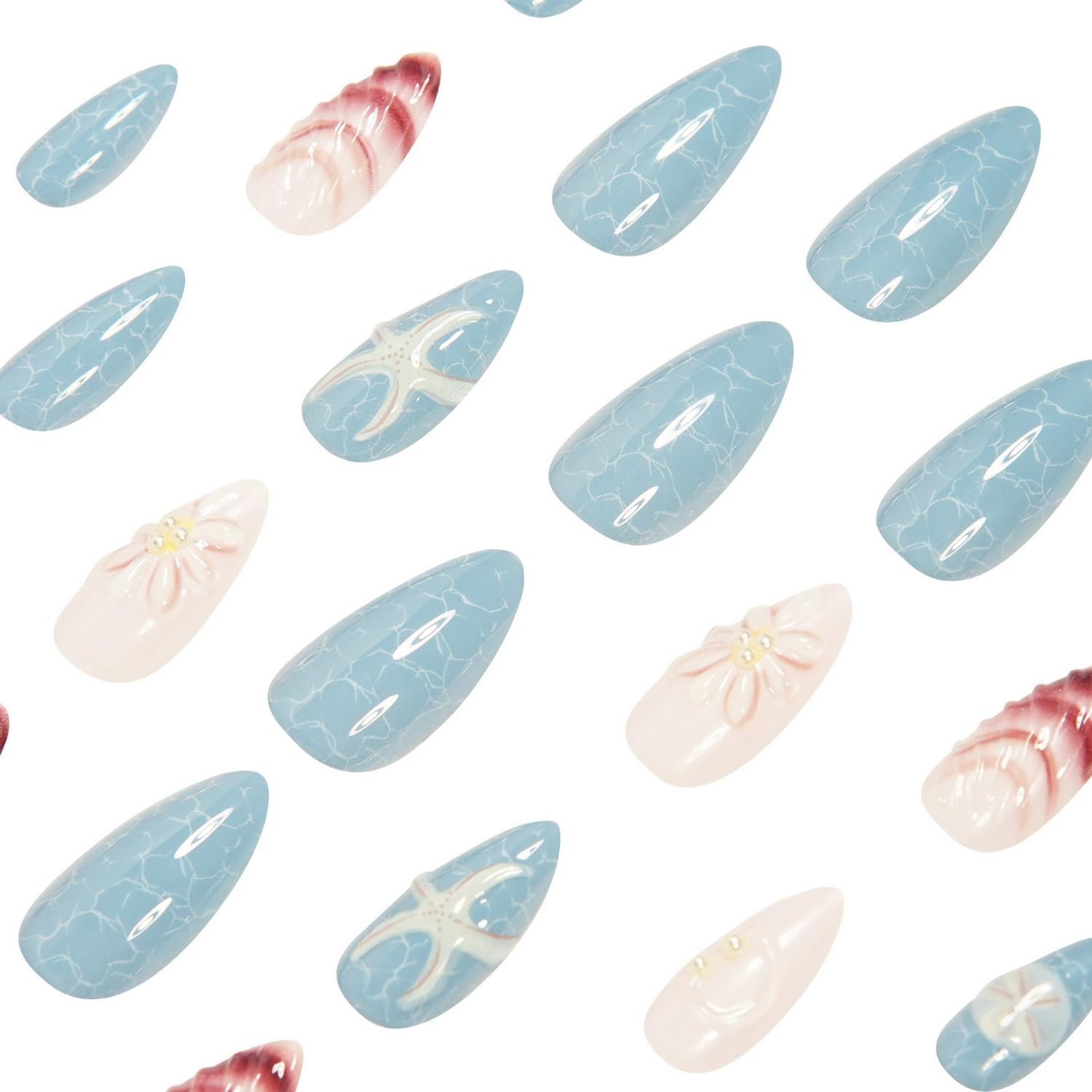 Handmade Medium Almond Nails 24 Pcs Ocean Design 3D Starfish Pearls - Image 4