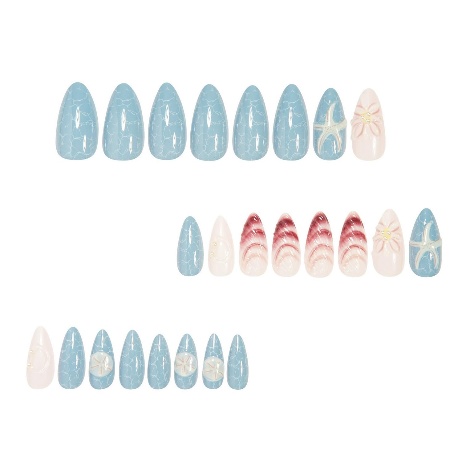 Handmade Medium Almond Nails 24 Pcs Ocean Design 3D Starfish Pearls - Image 5