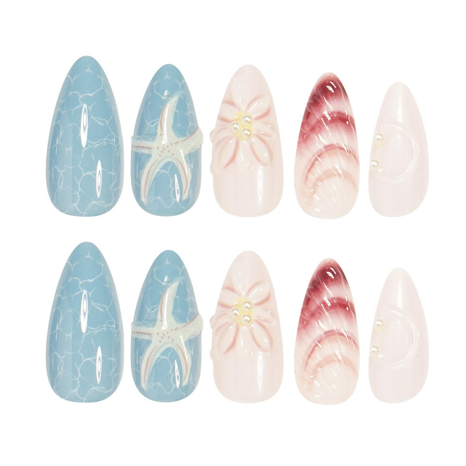 Handmade Medium Almond Nails 24 Pcs Ocean Design 3D Starfish Pearls - Image 6