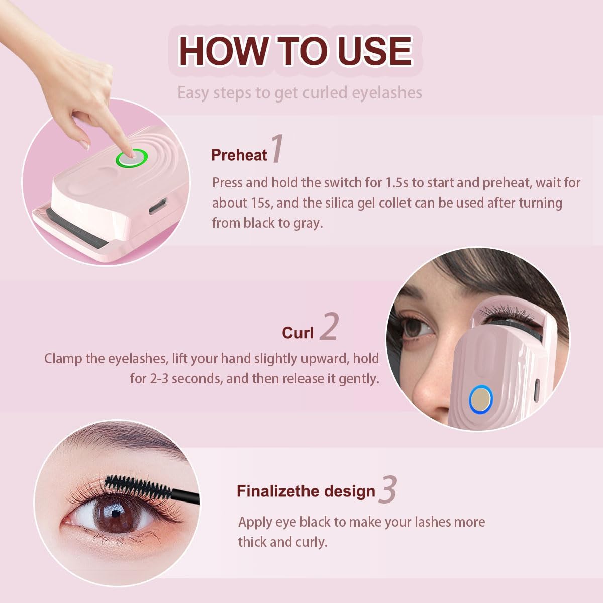 USB Rechargeable Heated Electric Eyelash Curler Pink for Long Lasting Natural Curls - Image 5