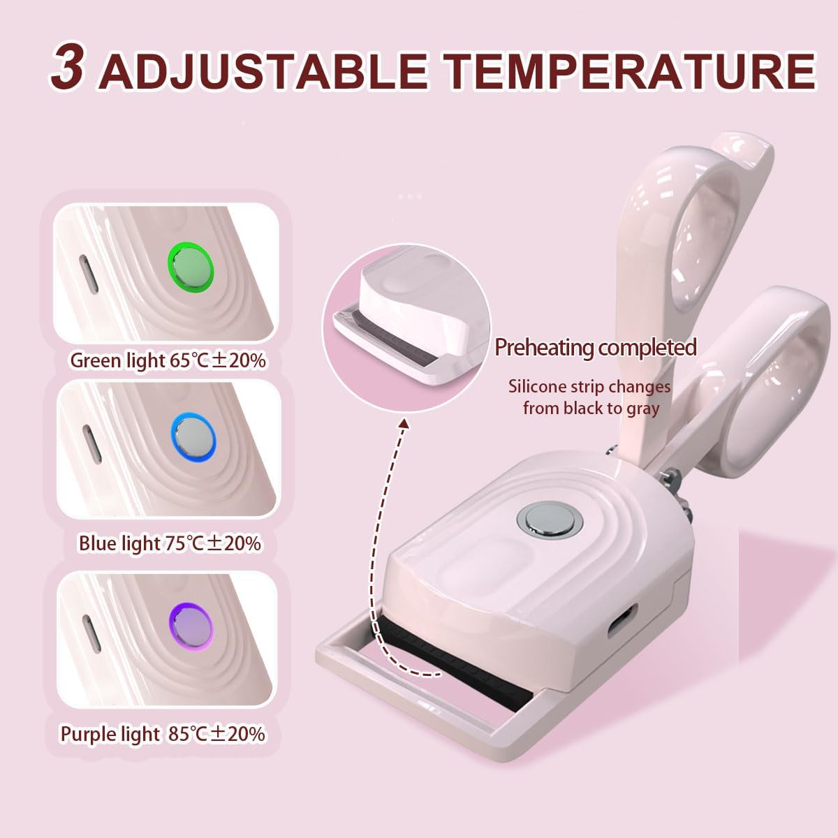 USB Rechargeable Heated Electric Eyelash Curler Pink for Long Lasting Natural Curls - Image 2