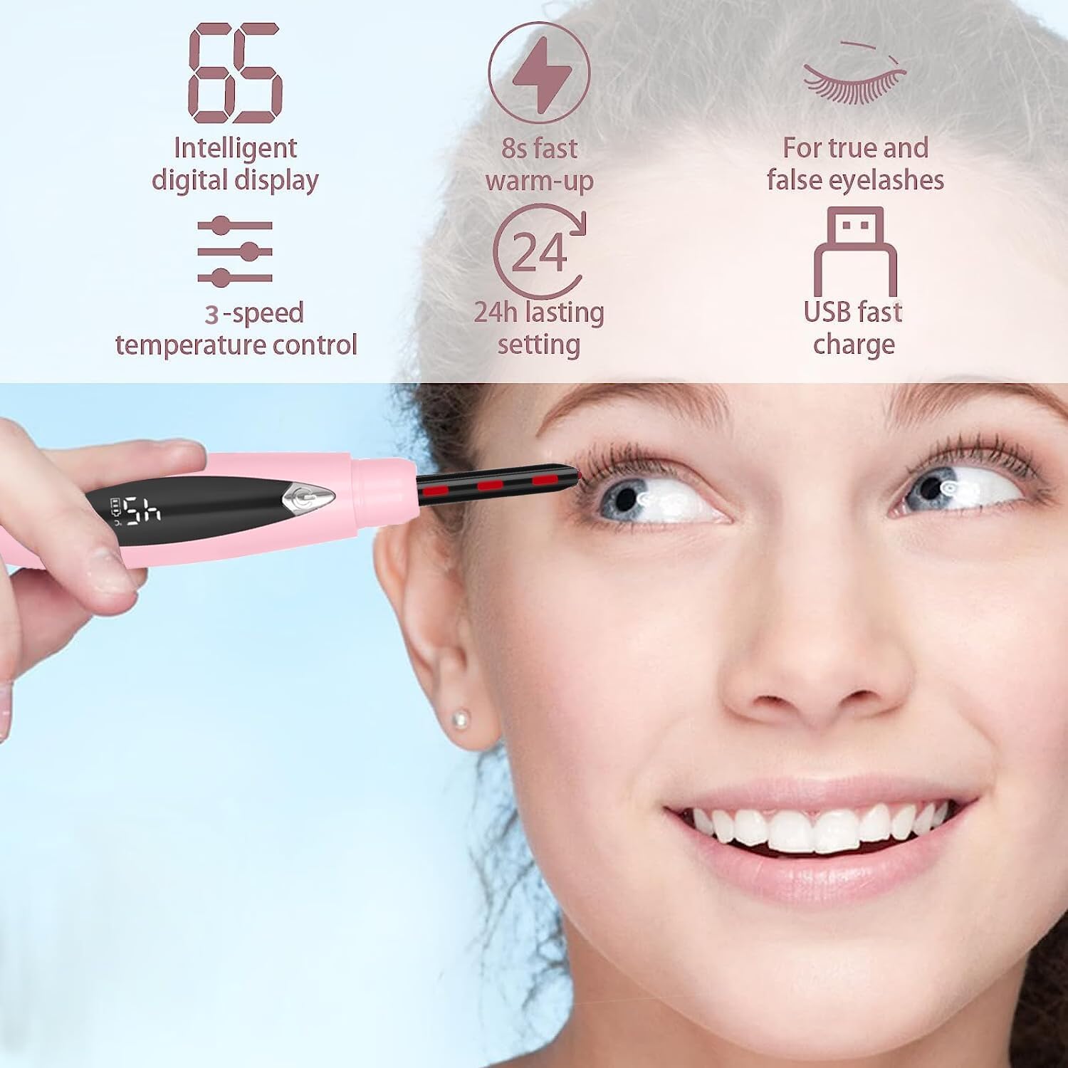 Rechargeable Heated Eyelash Curler Pink with 3 Temperature Settings for Long-Lasting Curls - Image 2