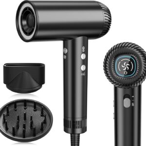 2025 Updated Hair Dryer, 200000 RPM High Speed Blow Dryer with Diffuser for Women, 1000 Million Ionic Hair Dryer with Brushless Motor, Low Noise Hair Blow Dryer for Curly Hair Dog Salon Travel, Black