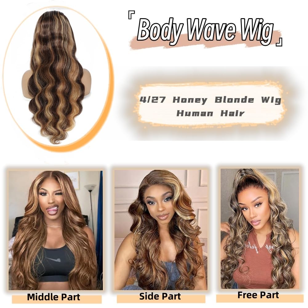 28 Inch Honey Blonde Ombre Body Wave Human Hair Wig 200 Density 13x6 HD Lace Front - Image 5