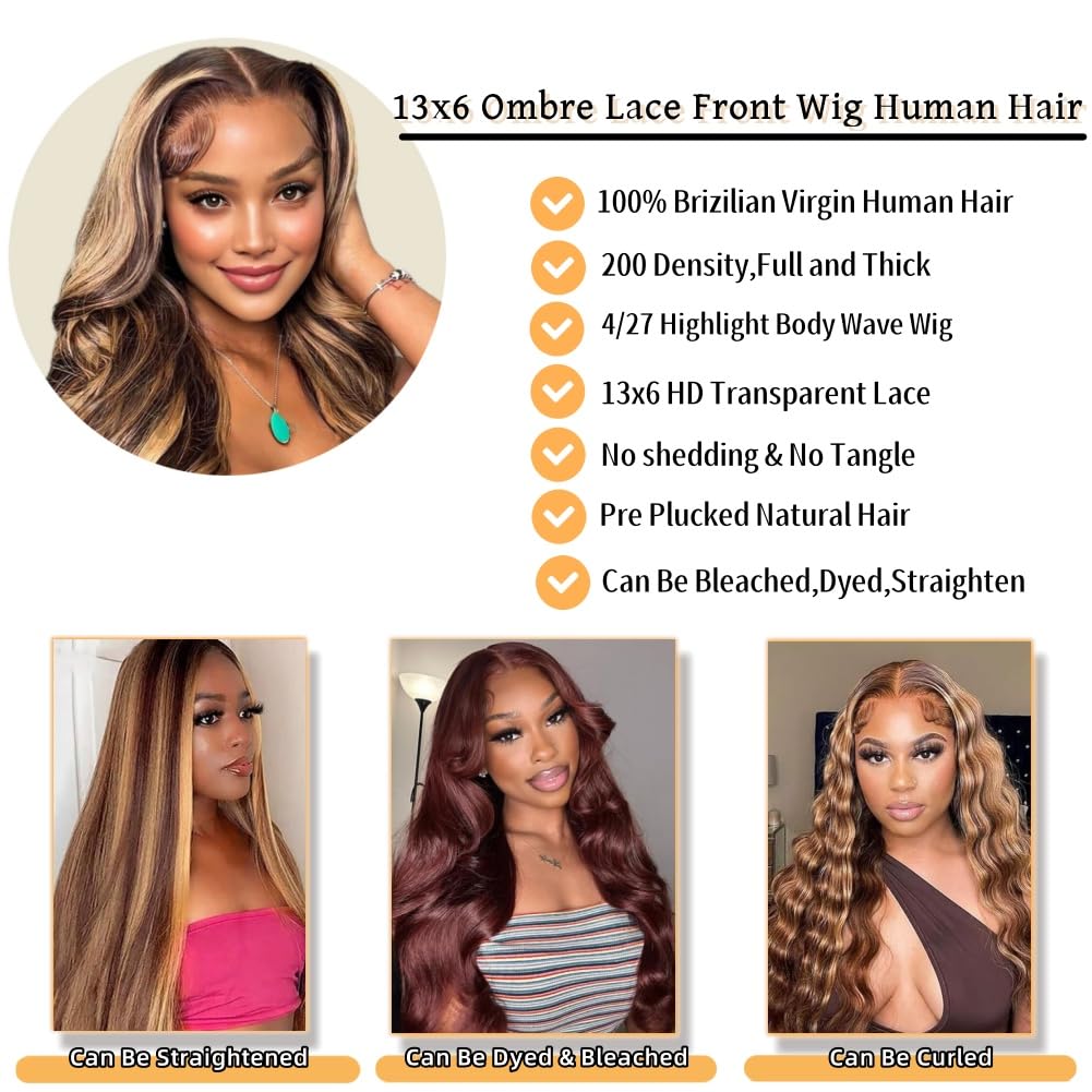 28 Inch Honey Blonde Ombre Body Wave Human Hair Wig 200 Density 13x6 HD Lace Front - Image 3