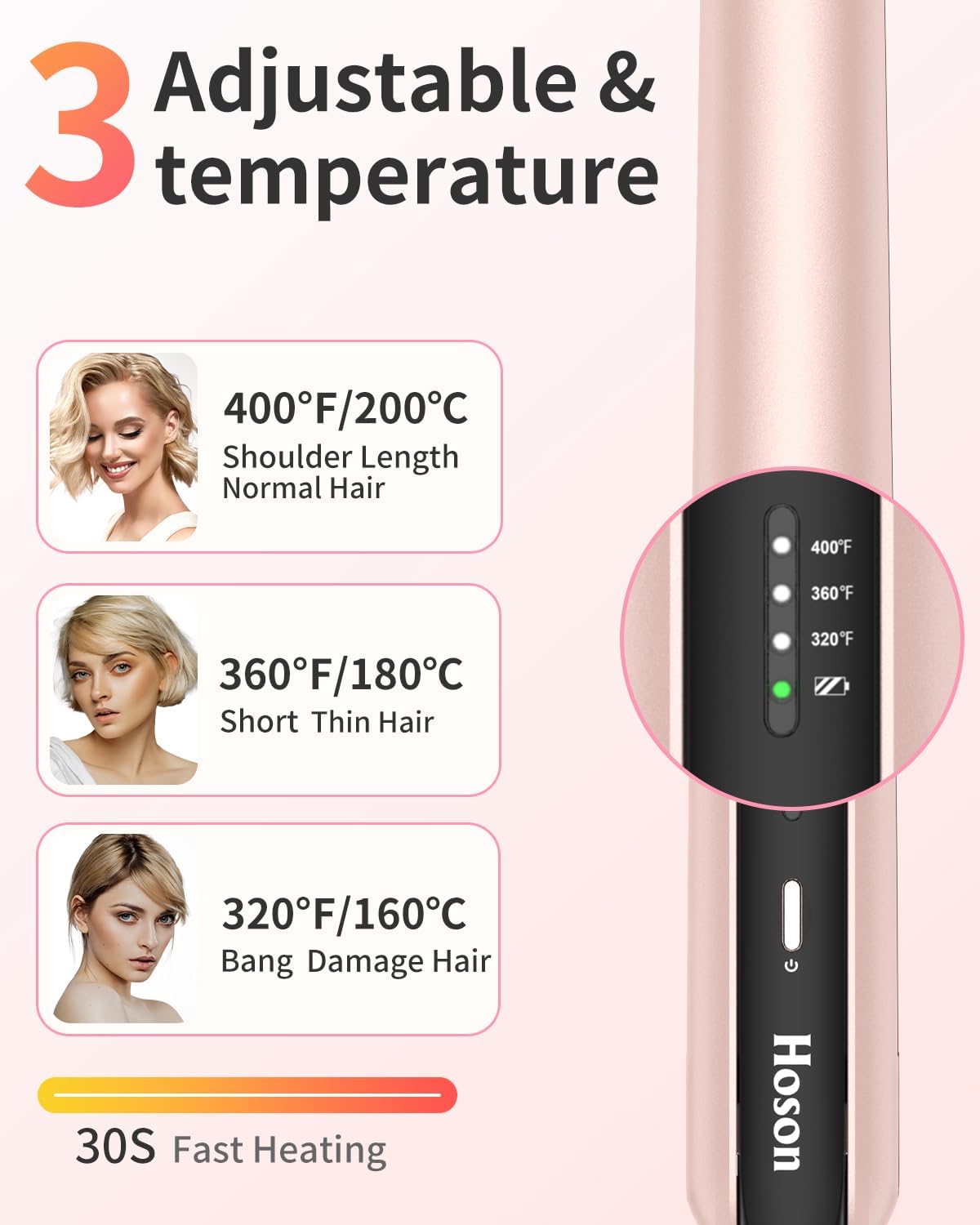 Hoson Pink Mini Cordless 2-in-1 Hair Straightener and Curler USB-C Rechargeable for Short Hair 1-Inch Barrel - Image 4