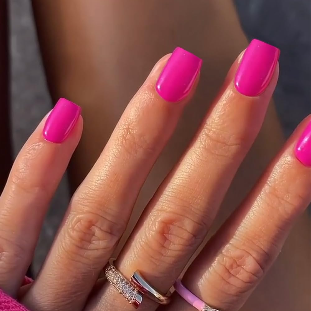 24Pcs Hot Pink Short Square Reusable Gel Acrylic Press On Nails - Image 2