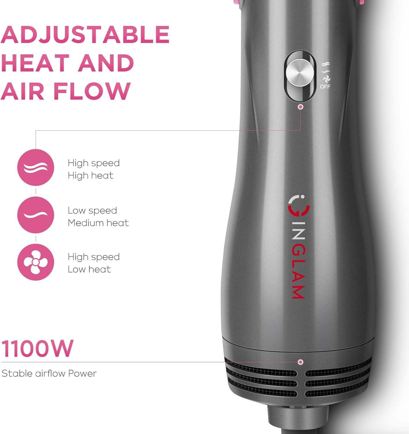 IG INGLAM 4-in-1 Gray Hot Air Brush and Volumizer with 2 Detachable Brush Heads - Image 6