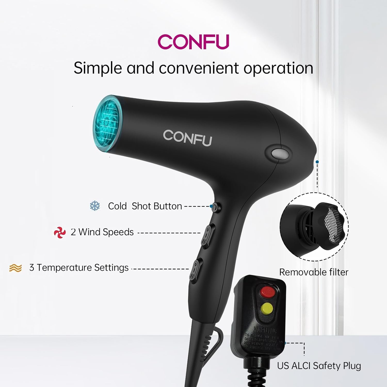 CONFU Professional Ionic Hair Dryer with Diffuser, AC Motor, Fast Drying Low Noise for Men Women - Image 3