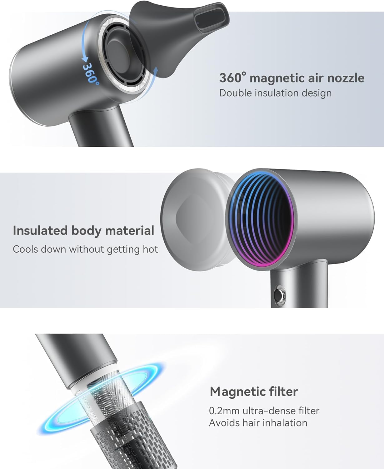 Ionic Hair Dryer 1500W Corded with Diffuser for Curly Hair Low Noise Fast Drying - Image 7