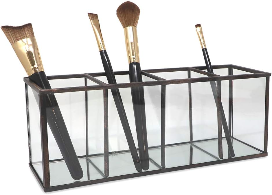 Antique Bronze 4-Compartment Makeup Brush Holder Organizer with Mirror Base - Image 4