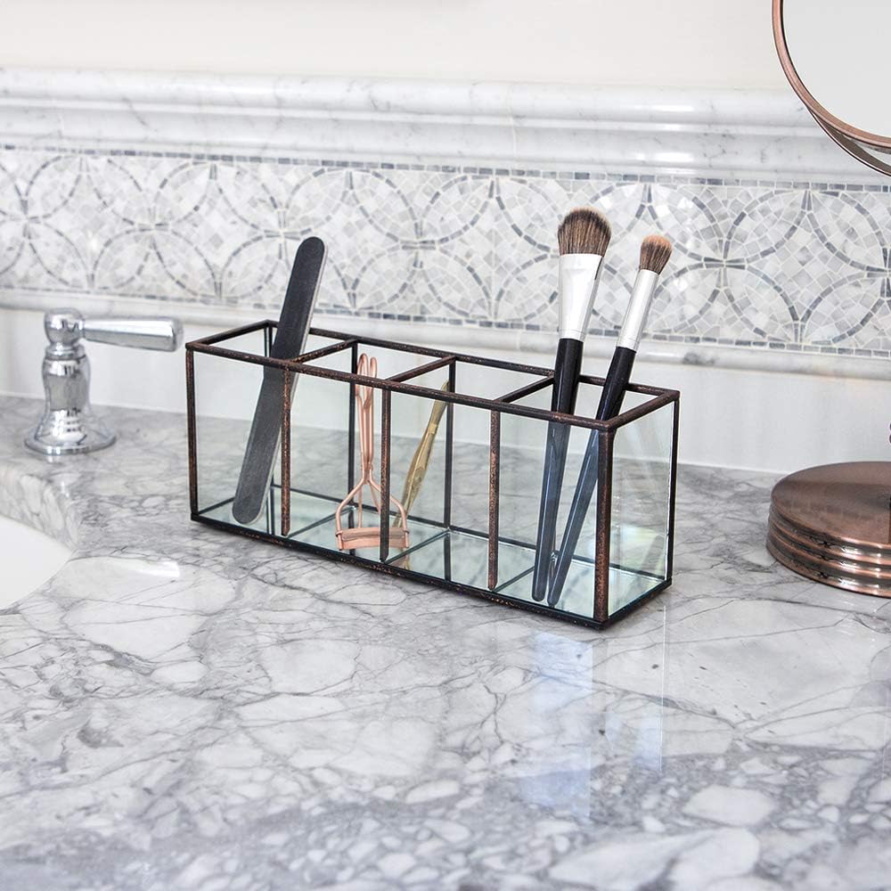 Antique Bronze 4-Compartment Makeup Brush Holder Organizer with Mirror Base - Image 6