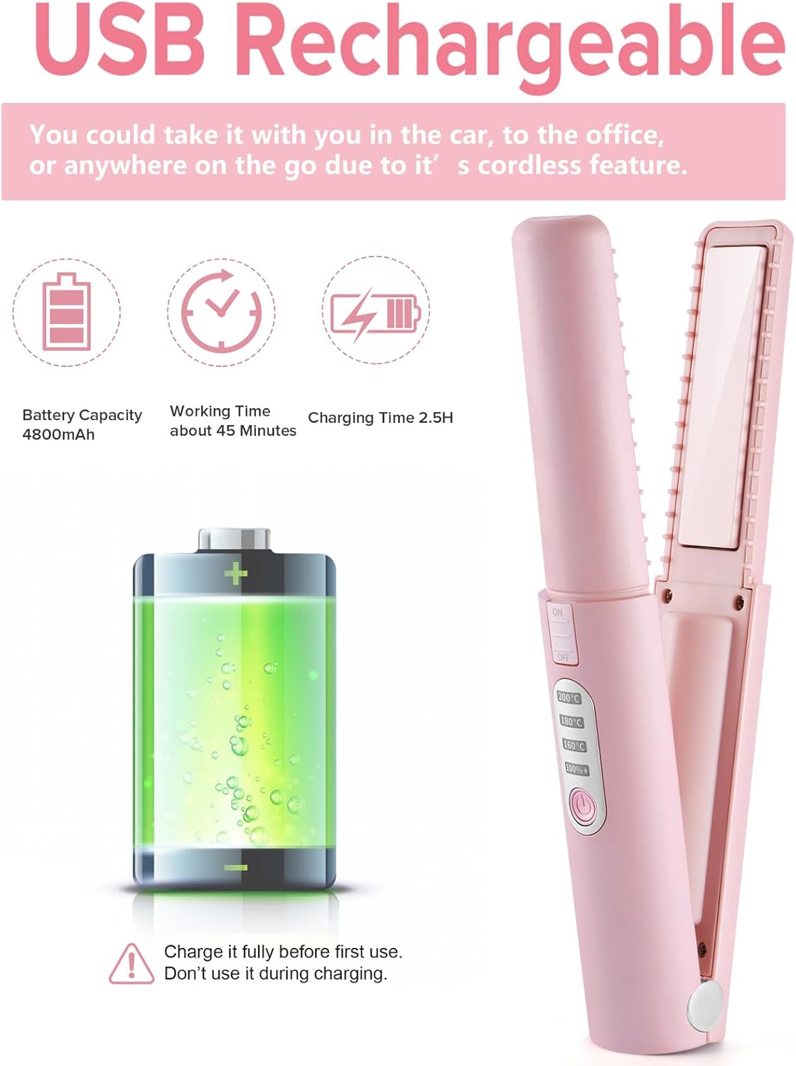JMFONE Portable Cordless Mini Hair Straightener 3 Temp USB-C Rechargeable Quick Styling - Image 3