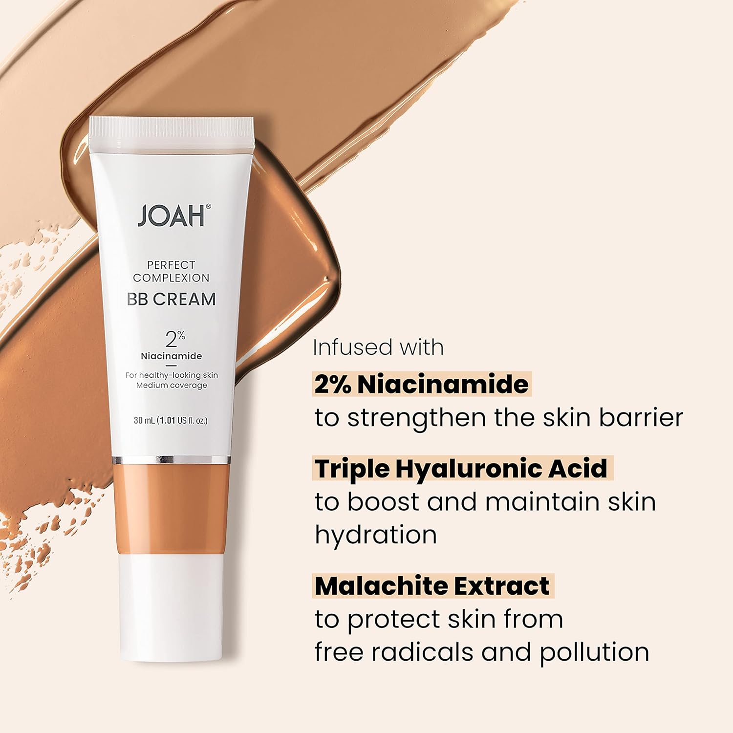 JOAH Beauty Perfect Complexion BB Cream 1.35 oz Hyaluronic Acid Niacinamide Medium Buildable Coverage Semi Matte - Image 3
