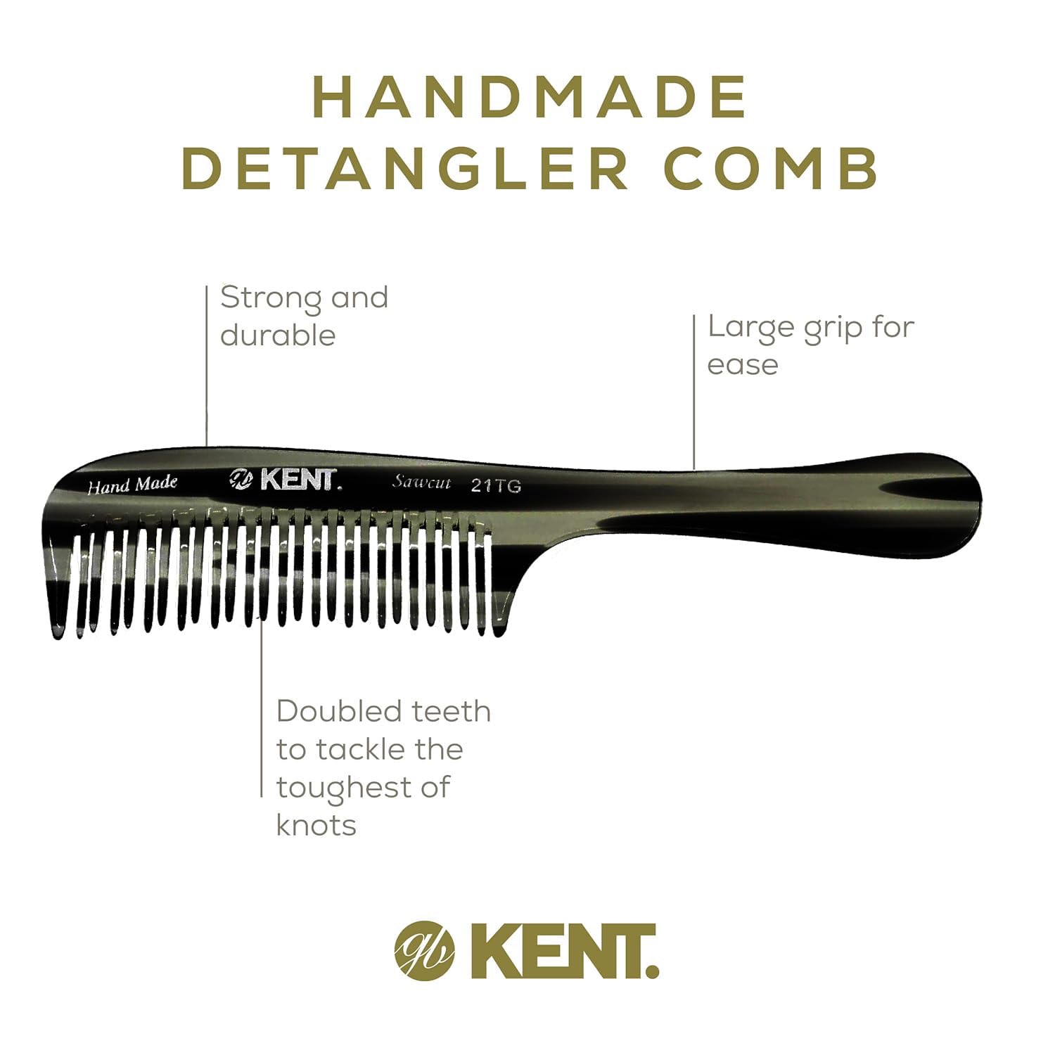 Kent 21T Large Black Graphite Detangling Comb for Curly Wavy Hair, Handmade, Double Wide Tooth - Image 4